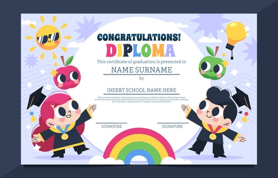 Graduation Children Certificate With Cute Cartoon Template vector