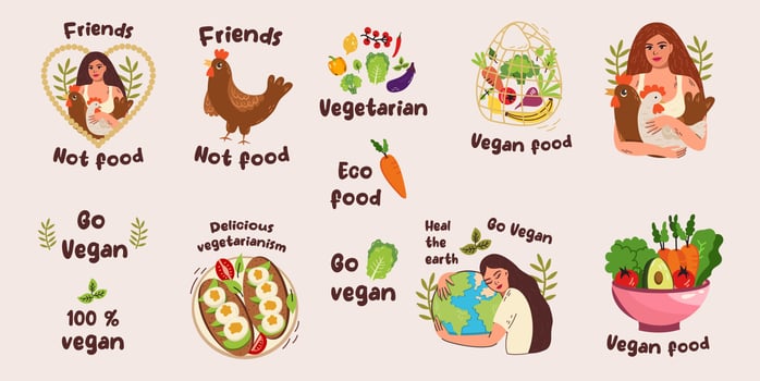 Ecology stickers. Green lifestyle. Eco and nature saving. Slogan and environment elements. Doodle style. Vegan eating. Stop pollution. Waste recycle. Vector Planet.