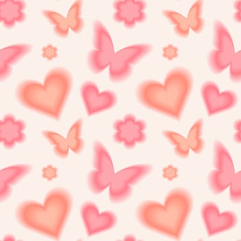 Trendy seamless pattern with y2k blurred gradient daisy flower, hearts and butterflies. Pastel color background. vector