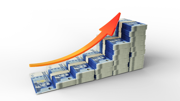Financial growth sign made of stacks of Moroccan Dirham notes. 3D Rendering of Moroccan money arranged in the form of a bar graph isolated on transparent background png