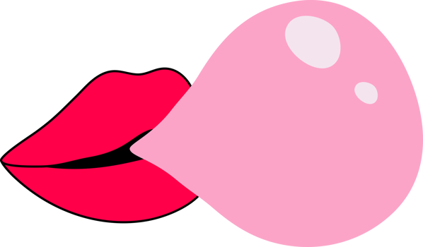 Classic 80s 90s element in modern style flat, line style. Hand drawn PNG illustration of lips inflating chewing gum. Fashion patch, badge, emblem.