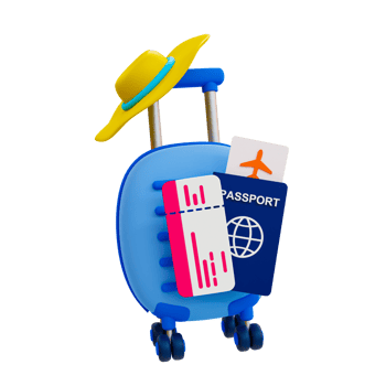 3d minimal Holiday travel trip. Travel or tourism concept. Summer vacation trip. Relaxation time concept. Luggage with a passport, plane ticket, summer hat, and camera. 3d illustration. png