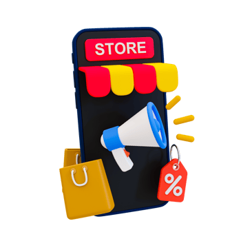 3d minimal marketing strategy. Discount promotions. Special discount offer. customer attraction. storefront smartphone with a megaphone, percent tag, and shopping bag. 3d illustration. png