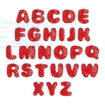 Strawberry font, set of letters. English alphabet. Alphabetical character with strawberry texture. Character representing one or more of the sounds used in speech. Decorative fruit font. Vector. vector