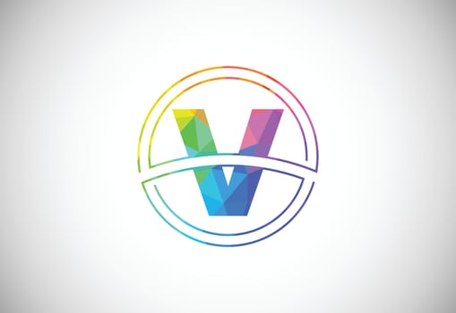 Low poly style letter V with a circle frame. Graphic alphabet symbol for corporate business identity vector