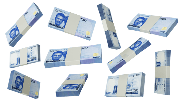 3D rendering of stacks of 1000 Nigerian naira notes flying in different angles and orientations png