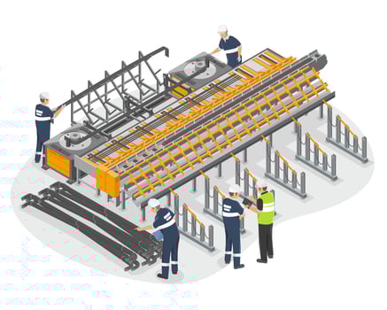 Employee Worker working on Big Danger Machine on factory worksite and inspection safty engineer inspecting industrial steel bar manufacturing Risky job concept illustration isometric isolated vector