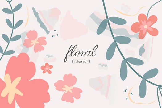Floral vector background. Cute wallpaper design with delicate pink flowers, leaves and spots. Minimalistic, spring botanical illustration suitable for fabric, prints, cover art.