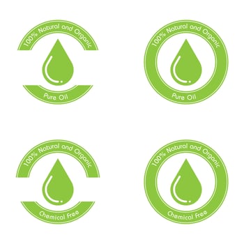 100 Percent Pure Organic Oil Logo Icon Natural Icon Pure Oil Drop Stamp Leaf Rounded Seal Vector