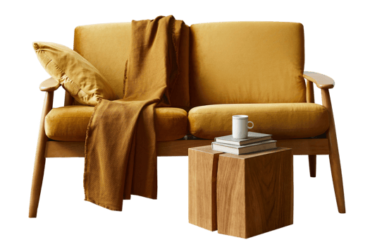 Yellow sofa, blanket, pillow and wooden side table isolated on a transparent background png