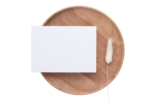 Wooden tray with white paper isolated on a transparent background png
