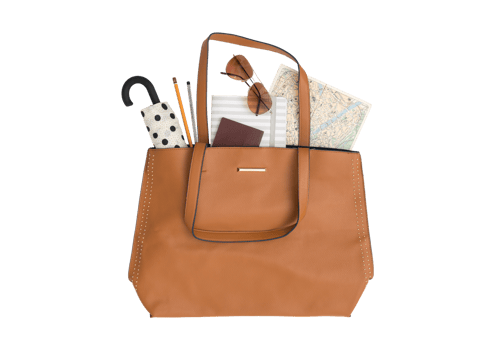 Brown purse with a umbrella, sunglasses, map and passport isolated on a transparent background png