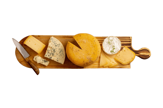 Wooden board with mix of cheese isolated on a transparent background png