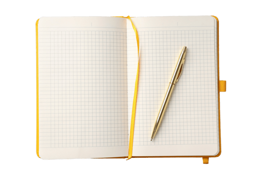 Yellow notebook and gold ballpoint pen isolated on a transparent background png