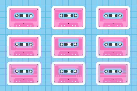 Set retro pink cassettes. Y2K, 90s style stickers with contour. Vector illustration on blue cage background.