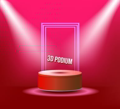 red 3D podium with lightning, background modern vector cylinder rendering shape for product presentation studio with blue neon square