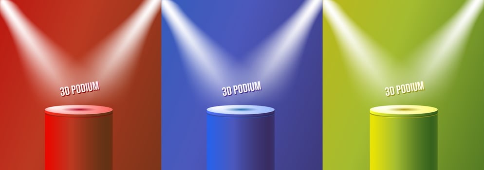 set of color blue, red, green, 3D podium with lightning, background modern vector cylinder rendering shape for product presentation studio