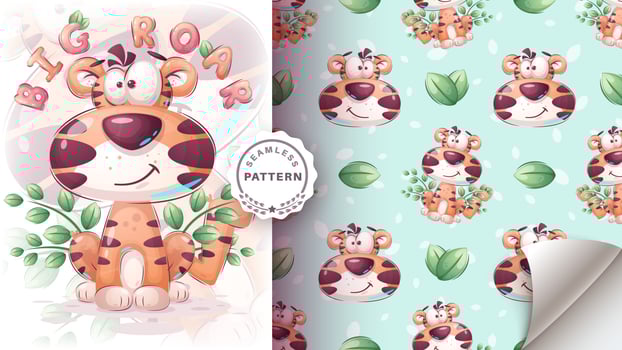 Seamless pattern cartoon character adorable tiger, pretty animal idea for print t-shirt, poster and kids envelope, postcard. Cute hand drawn style tiger vector