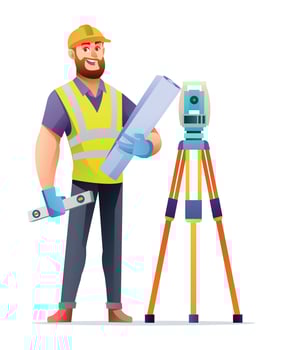 Civil engineer with theodolite. Cartoon character illustration vector
