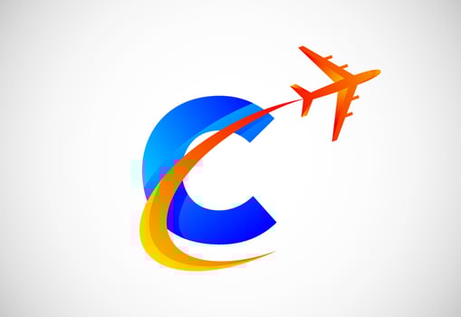 Initial C alphabet with a swoosh and airplane logo design. Suitable for travel companies or business vector