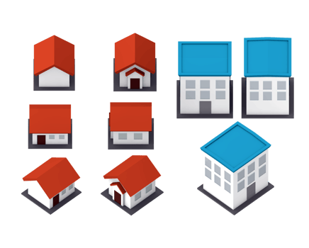 3d rendering of simple low poly houses and buildings with several orthographic views png