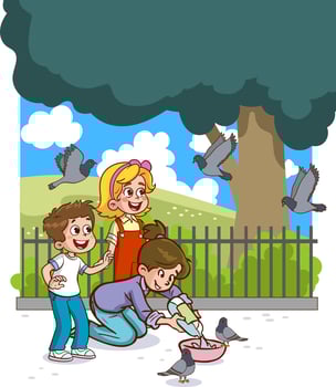 children feeding pigeons  cartoon vector