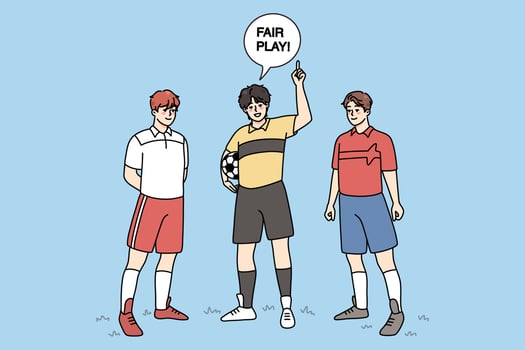Referee with football players announce fair play on field. Sports activity concept. Men playing football outdoors. Flat vector illustration.