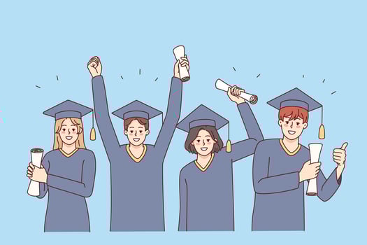 Excited people in mantles holding diplomas celebrate college graduation. Smiling students on university degree celebration. Education concept. Vector illustration.