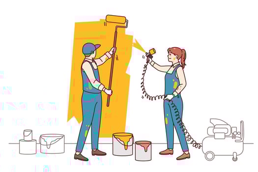 Couple designers paint wall involved in housing renovation. People renovate redecorate apartment. Interior design and decoration. Flat vector illustration.