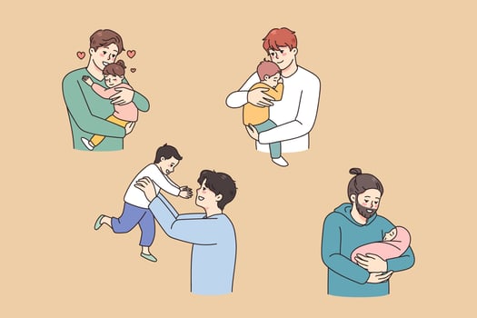 Set of happy young fathers hold in arms cuddle little kids show love and care. Collection of smiling single dads play relax with small children. Fatherhood and parenthood. Vector illustration.
