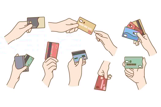 Collection of diverse people hold credit or debit cards for online payment. Set of men or women use internet banking service buy or pay on internet. Transaction concept. Vector illustration.