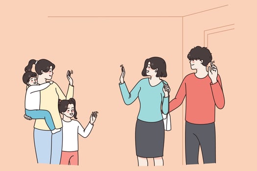 Happy young parents leave small kids with babysitter. Smiling mother and father say bye give children to nanny or nurse in kindergarten. Childhood and care. Flat vector illustration.