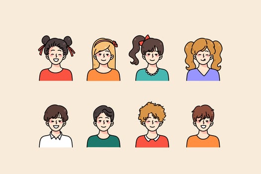 Set of diverse little happy children show different emotions and face expressions. Collection of smiling small boys and girls kids feel cheerful and positive. Childhood concept. Vector illustration.