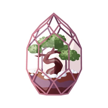 Florarium with bonsai houseplant in glasshouse. Indoor house plant in flowerpot. Home garden, greenhouse, gardening lover. Domestic store poster, banner, flyer, advertising, promo. vector