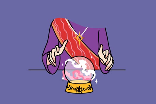 Hands of fortune teller with crystal ball tell fate to client or customer in magic salon. Magician or gypsy read fate on crystal magical ball. Prediction concept. Flat vector illustration.