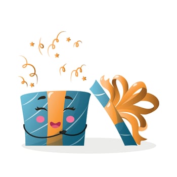 kawaii style gift, kawaii cute gift box, open gift box with big bow, gift box wrapped with ribbon vector illustration