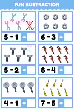 Education game for children fun subtraction by counting and eliminating cute cartoon wrench bolt nut wrench screw screwdriver printable tool worksheet vector