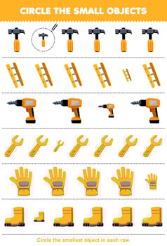 Education game for children circle the smallest object in each row of cute cartoon hammer ladder drill wrench glove boot printable tool worksheet vector