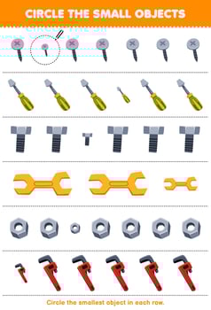 Education game for children circle the smallest object in each row of cute cartoon screw screwdriver bolt wrench nut printable tool worksheet vector