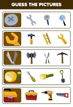 Education game for children guess the correct pictures of cute cartoon screw wrench shear flashlight toolbox printable tool worksheet vector