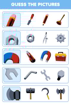 Education game for children guess the correct pictures of cute cartoon pencil nut magnet spanner axe printable tool worksheet vector