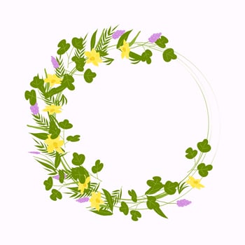 Round frame of spring flowers and twigs. Wedding card decoration. Greeting card. White background. Vector flat illustration.