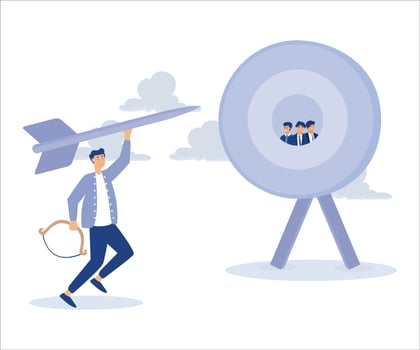 Target customer or target audience to aim for advertising, businessman marketer archer aim for customers in bulls eye target.Flat vector modern illustration