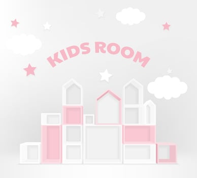Furniture, bookshelf for kids room, photozone decoration. 3D mockup of empty cabinet with shelves on the wall. Showcase for toys. Build interior design furniture. Children toy house building kit vector