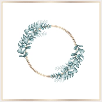 Watercolor leaves wreath with gold circle vector