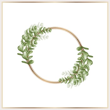 Watercolor leaves wreath with gold circle vector