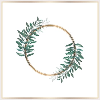 Watercolor leaves wreath with gold circle vector