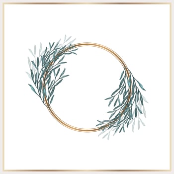 Watercolor leaves wreath with gold circle vector