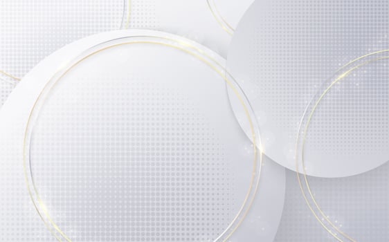 Abstract gradient white and gray template of tech circle decoration with rounded halftone. Overlapping with golden round decoration background. vector