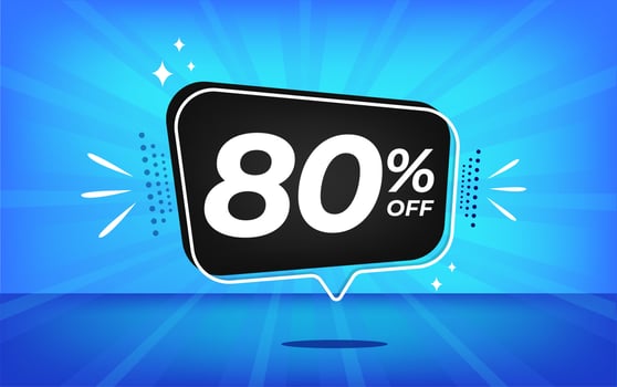 80 percent off. Blue banner with eighty percent discount on a black balloon for mega big sales. vector